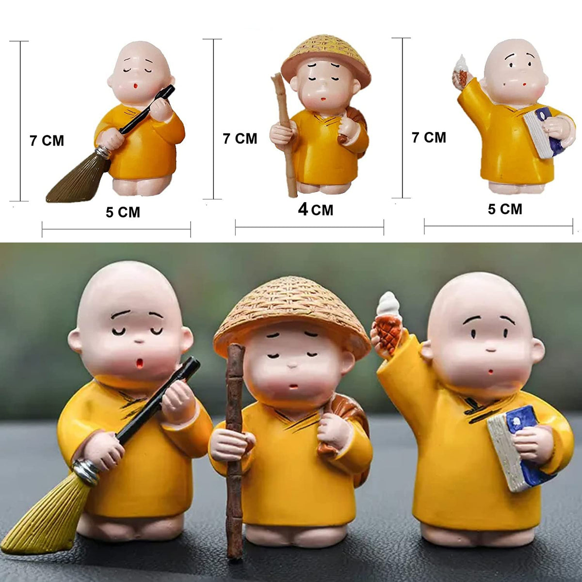 Resin Baby Monk Buddha Set of 3 - Showpiece for Car Dashboard, Table Desktop, Living Room, Home Decor Items (Small, Multicolour)