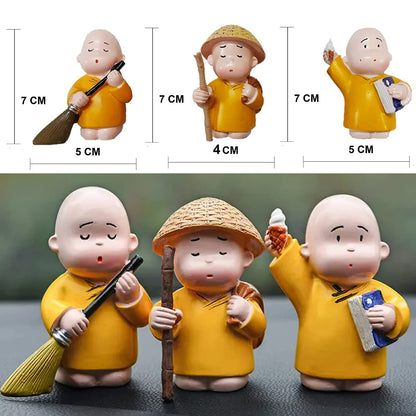 Resin Baby Monk Buddha Set of 3 - Showpiece for Car Dashboard, Table Desktop, Living Room, Home Decor Items (Small, Multicolour)