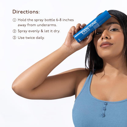 Woman holding a blue spray bottle labeled 'Even-Tone' with usage instructions on a white background.