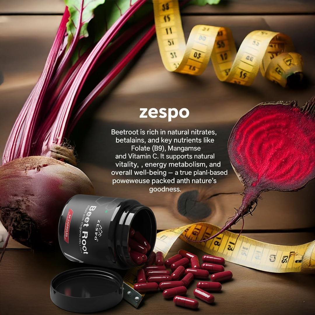 Beetroot and beetroot supplement with measurement tape on a wooden surface, featuring the brand 'zespo'.
