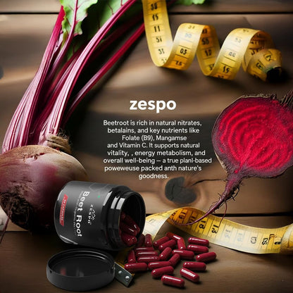 Beetroot and beetroot supplement with measurement tape on a wooden surface, featuring the brand 'zespo'.