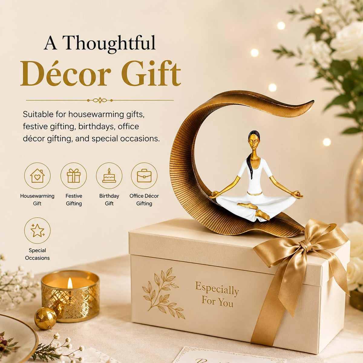 Yoga Lady Statue Polyresin Meditating Woman Figurine for Home & Office Décor 22Cm | Elegant Yoga Showpiece | Zen Décor | Namaste Meditation Idol | Decorative Woman Statue (White)