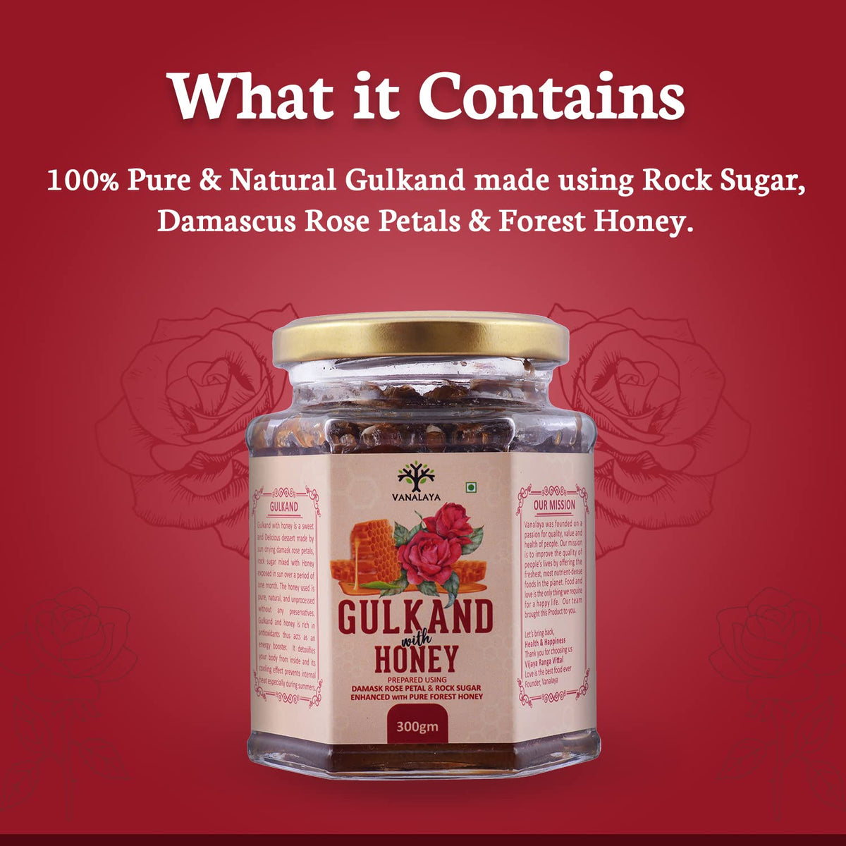 Vanalaya Natural Honey Gulkand | Sun-Cooked Damask Rose with Forest Honey 300gm
