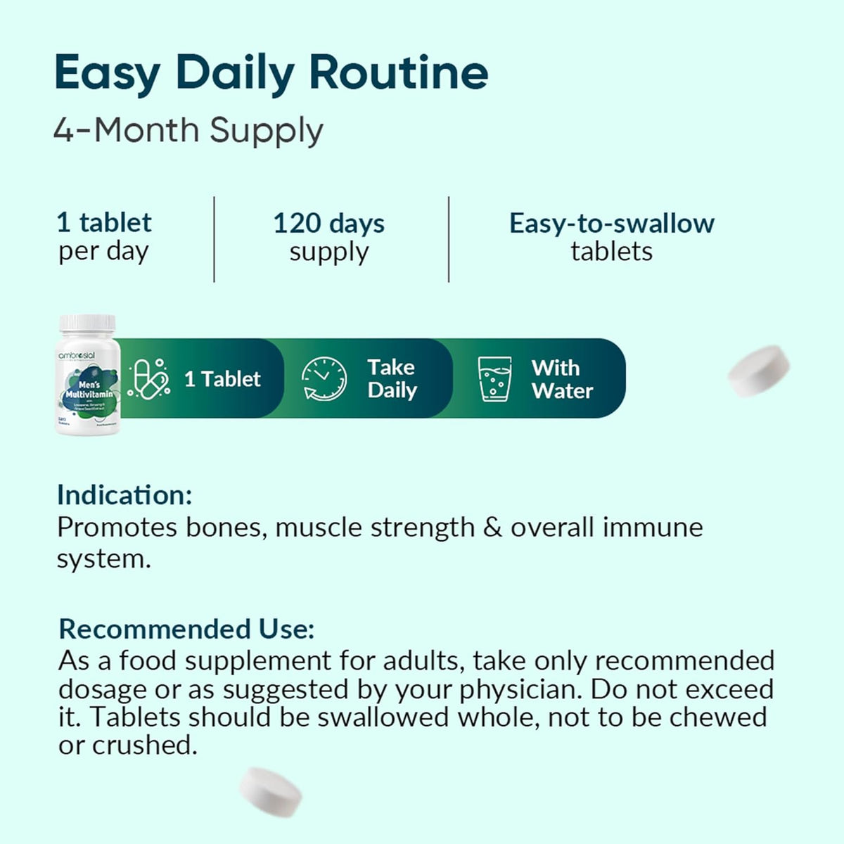 Supplement packaging with daily intake instructions and product details on a light blue background