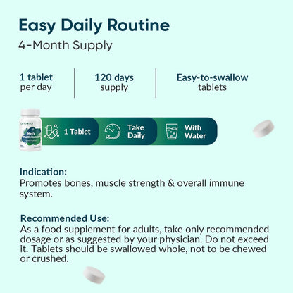 Supplement packaging with daily intake instructions and product details on a light blue background