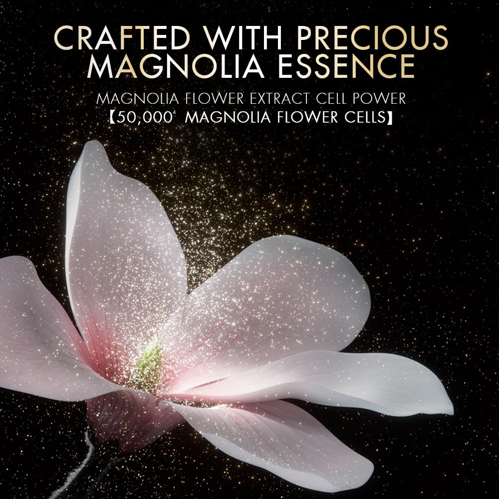Magnolia flower with text about magnolia flower extract on a dark background