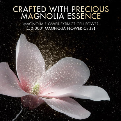 Magnolia flower with text about magnolia flower extract on a dark background