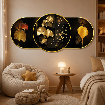 Golden Ginkgo Leaf Wall Painting for Living Room Bedroom Decor, Black Gold Floral Round Modern Art with Premium PVC Golden Frame (16 x 35 Inch)
