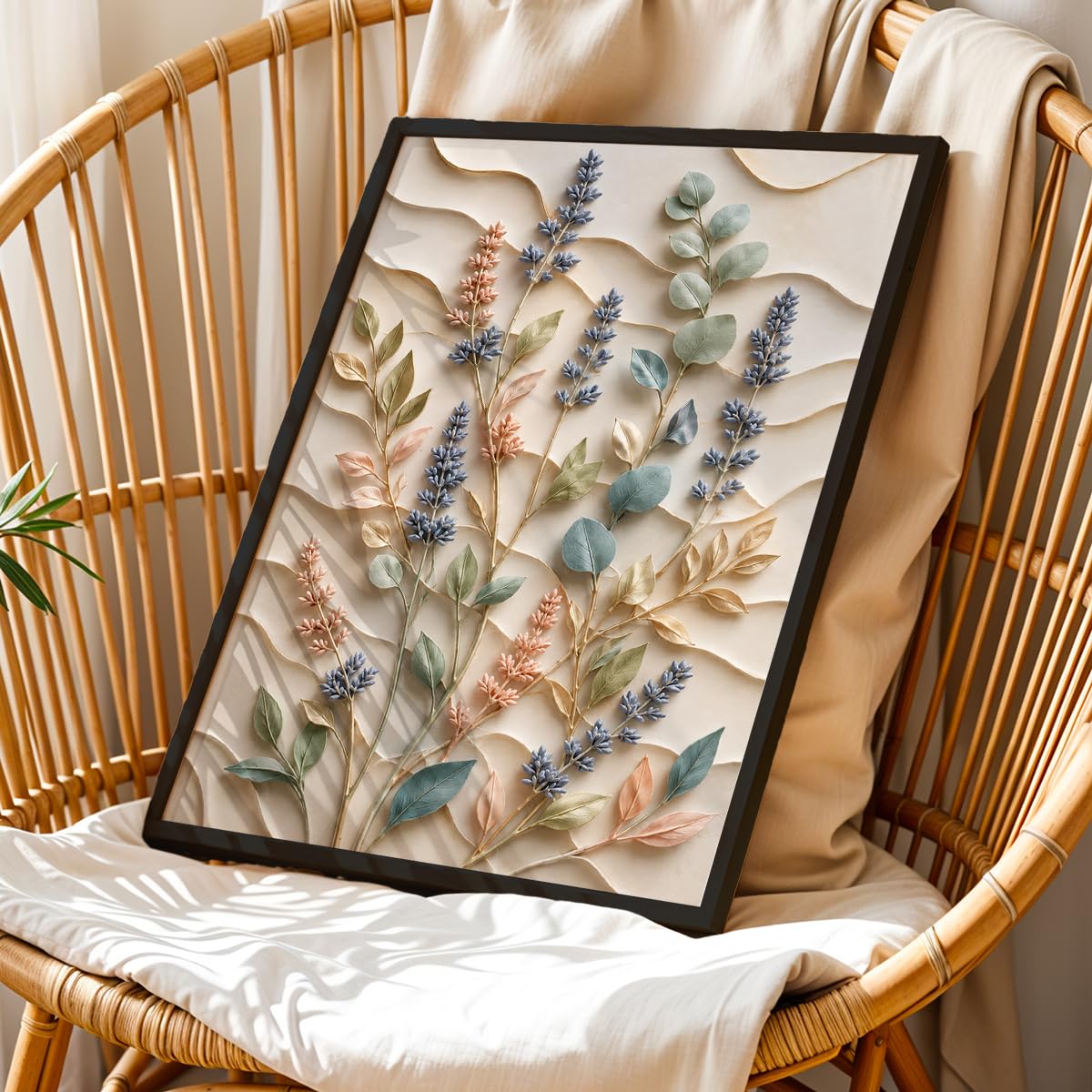 Floral Botanical Wall Painting with Frame | Premium Textured Flower & Leaf Artwork, Pastel Nature Wall Decor Framed for Living Room Bedroom Office and Home Decoration (Art-11,13x19inch)