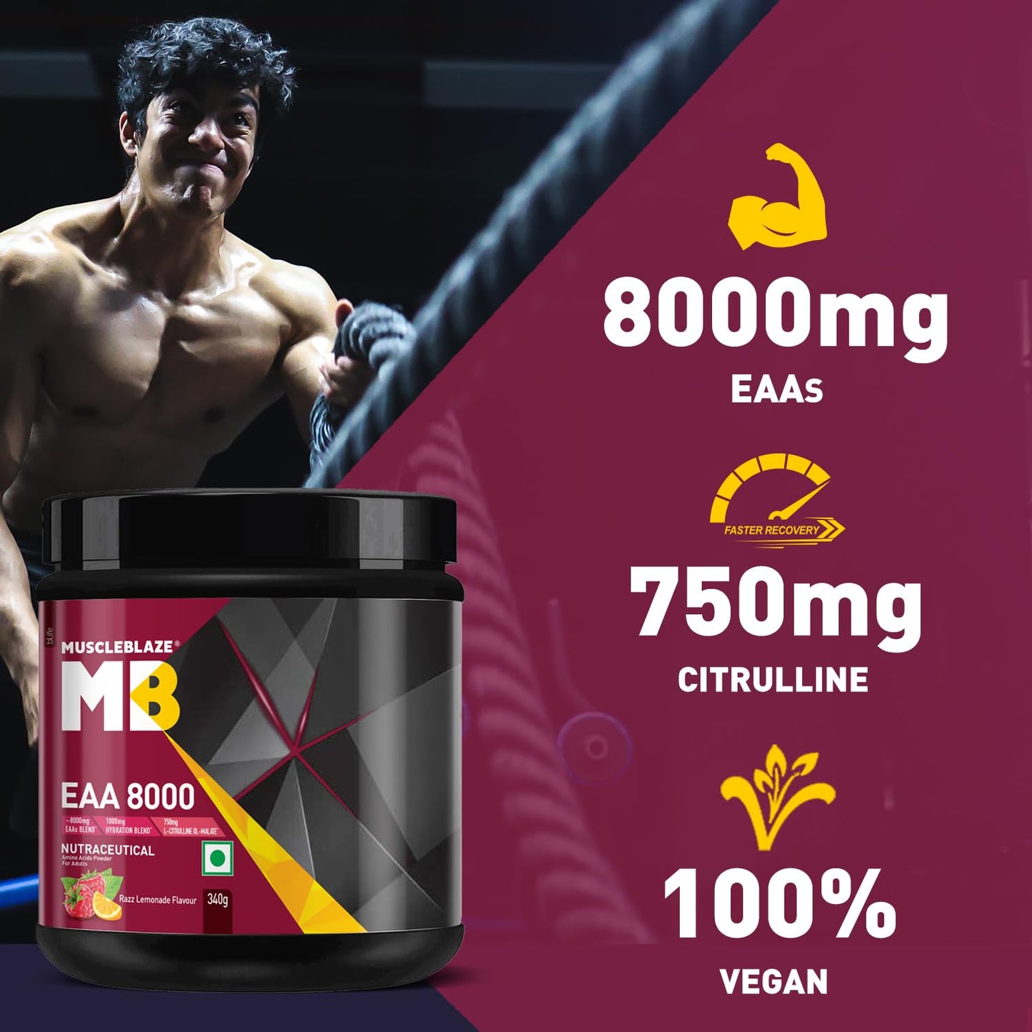 MuscleBlaze EAA 8000 Powder (Razz Lemonade, 340g, 25 Servings) | 8000mg EAAs Blend, 1000mg Hydration Blend | 750mg L-Citrulline