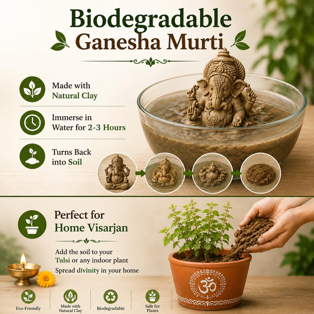 KSI Handmade Ekdant Dagdusheth Ganesh Mukut Ganesh Idol | Natural Clay Ganesha Murti for Home Temple, Office & Pooja | Eco-Friendly Terracotta Statue | Ganesh Chaturthi Decoration & Gift | 5.75 Inch
