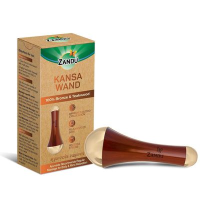 Zandu Ayurvedic Dual Sided Kansa Wand Massager | 100% Bronze & Teakwood handle– Portable Face, Neck, Body & Foot Massager | Promotes Relaxation & Improves Blood Circulation | Face Yoga Wellness Tool