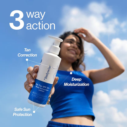 Be Bodywise De-tan Body Sunscreen Lotion with SPF 50+ PA++++ | Broad Spectrum UVA & UVB Protection, No White Cast, Hydrates Skin | Niacinamide, Papaya & Guava Extract |Light-weight & Non-greasy, 175ml