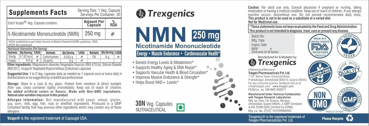Supplement label for Trexegenics NMN 250 mg capsules with branding and certification logos.