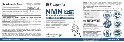 Supplement label for Trexegenics NMN 250 mg capsules with branding and certification logos.