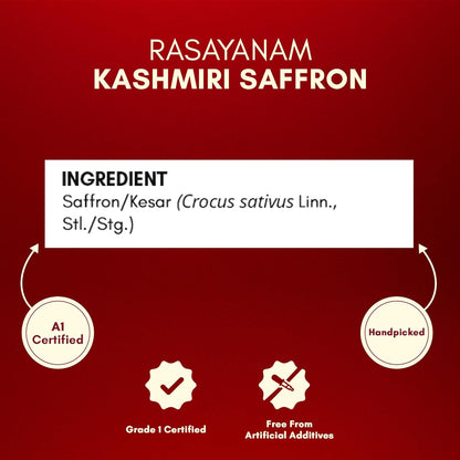 Rasayanam Kashmiri Saffron product description on a red background