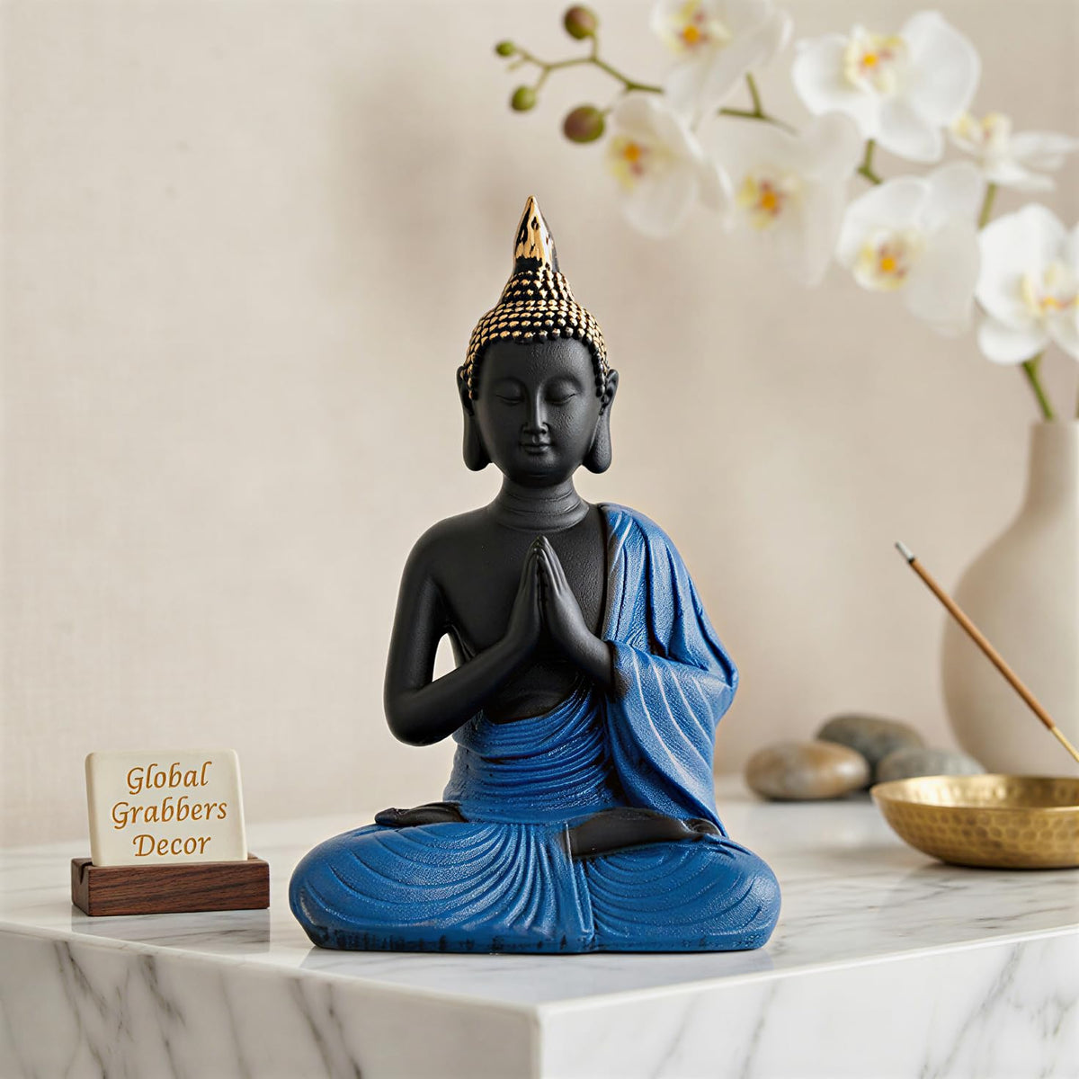 New Namaste Praying Buddha Statue showpiece Idol Home Decor Items for Living Room and Gifts (Blue Black)