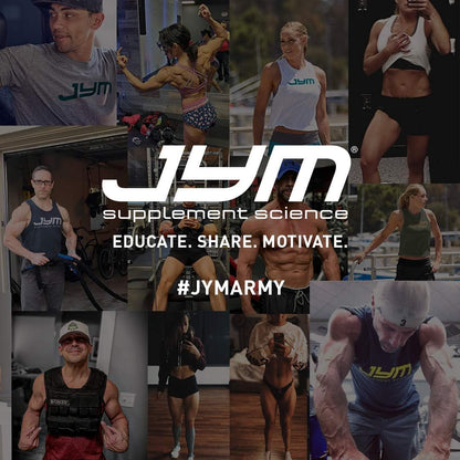 Collage of people exercising and promoting JYM supplements with the brand logo and slogan.