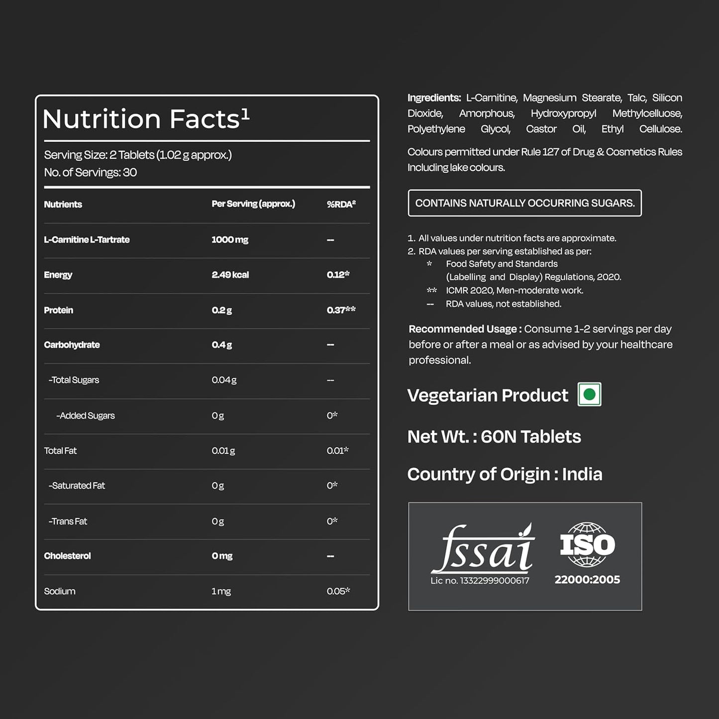 Nutrition facts label and ingredient list on a black background