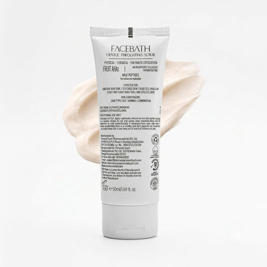 Personal Touch Facebath Gentle Trifoliating Scrub with Fruit AHAs & Milk Peptides for Physical, Chemical & Enzymatic Exfoliation | Uneven Tone, Textured Skin, Flaky & Dull Skin | Oily, Normal, Combination Skin | 50g