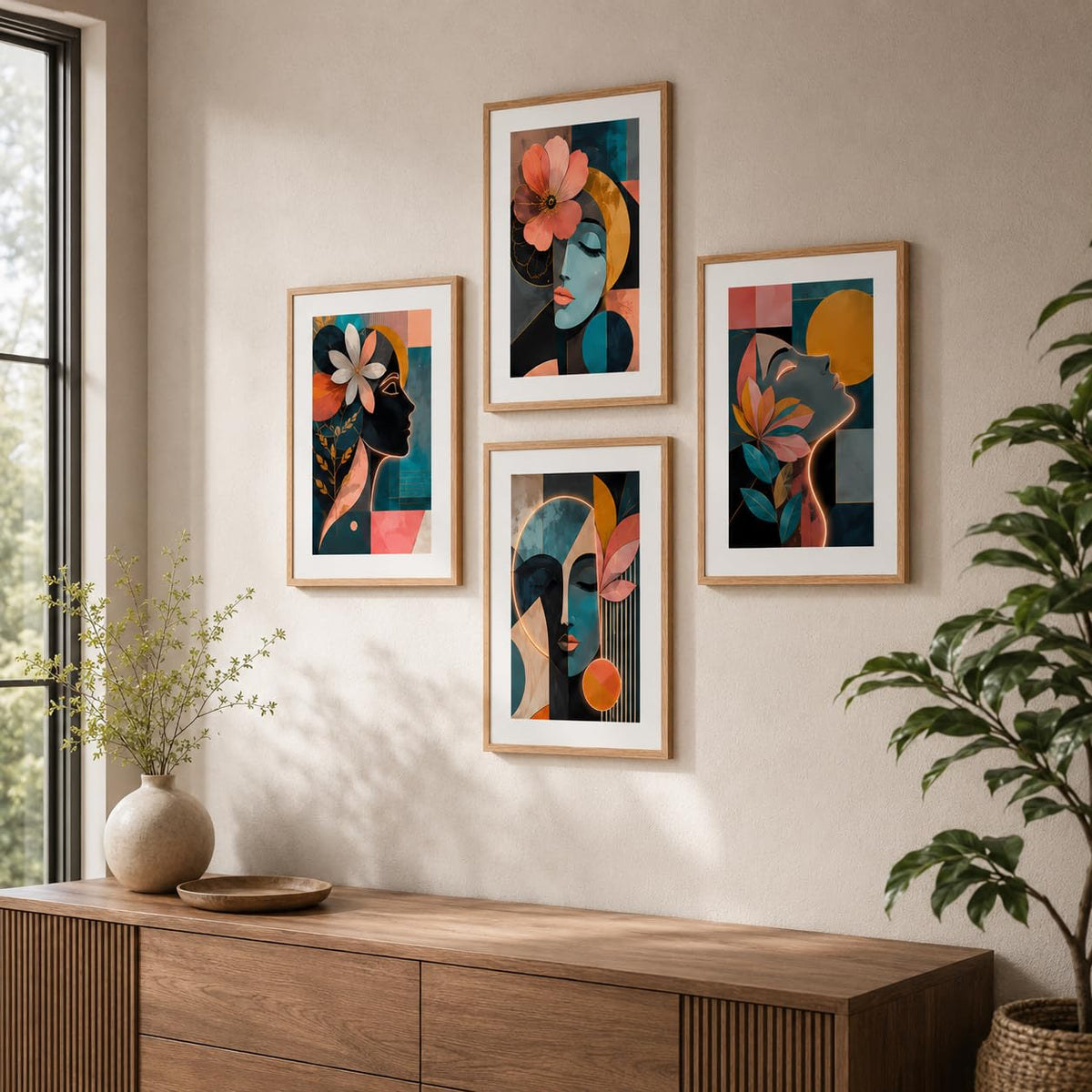 Set of 4 Abstract Face Floral Wall Paintings with Sparkle Laminate and Premium Wooden Synthetic Frame for Living Room Bedroom Office Decor (13.5 x 19.5 Inch)