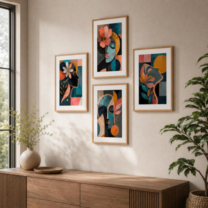 Set of 4 Abstract Face Floral Wall Paintings with Sparkle Laminate and Premium Wooden Synthetic Frame for Living Room Bedroom Office Decor (13.5 x 19.5 Inch)