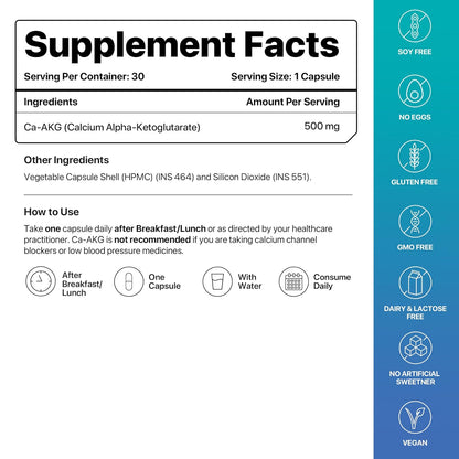 Supplement facts label with Ca-AKG (Calcium Alpha-Ketoglutarate) on a white background with blue sidebar.