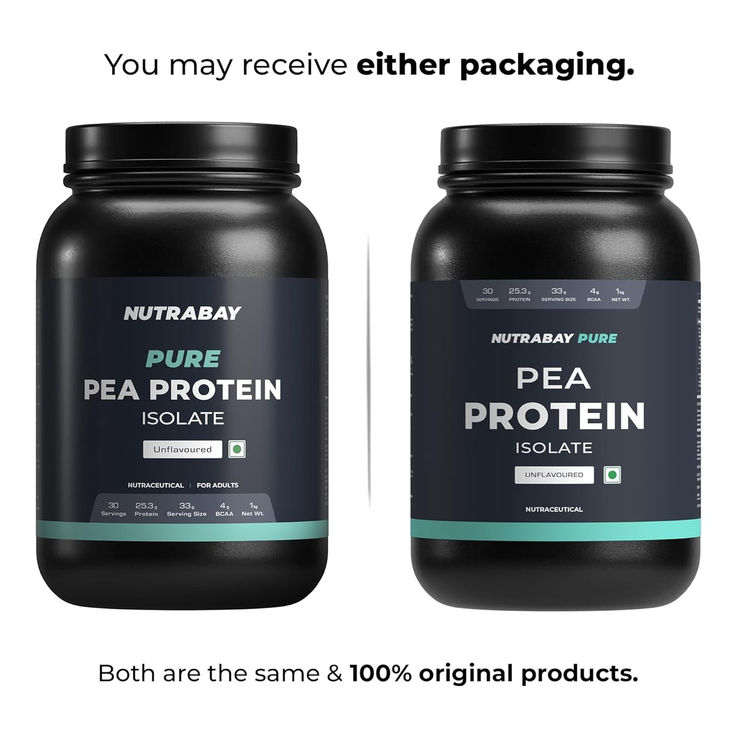 Two black containers of Nutrabay Pure Pea Protein Isolate on a white background.