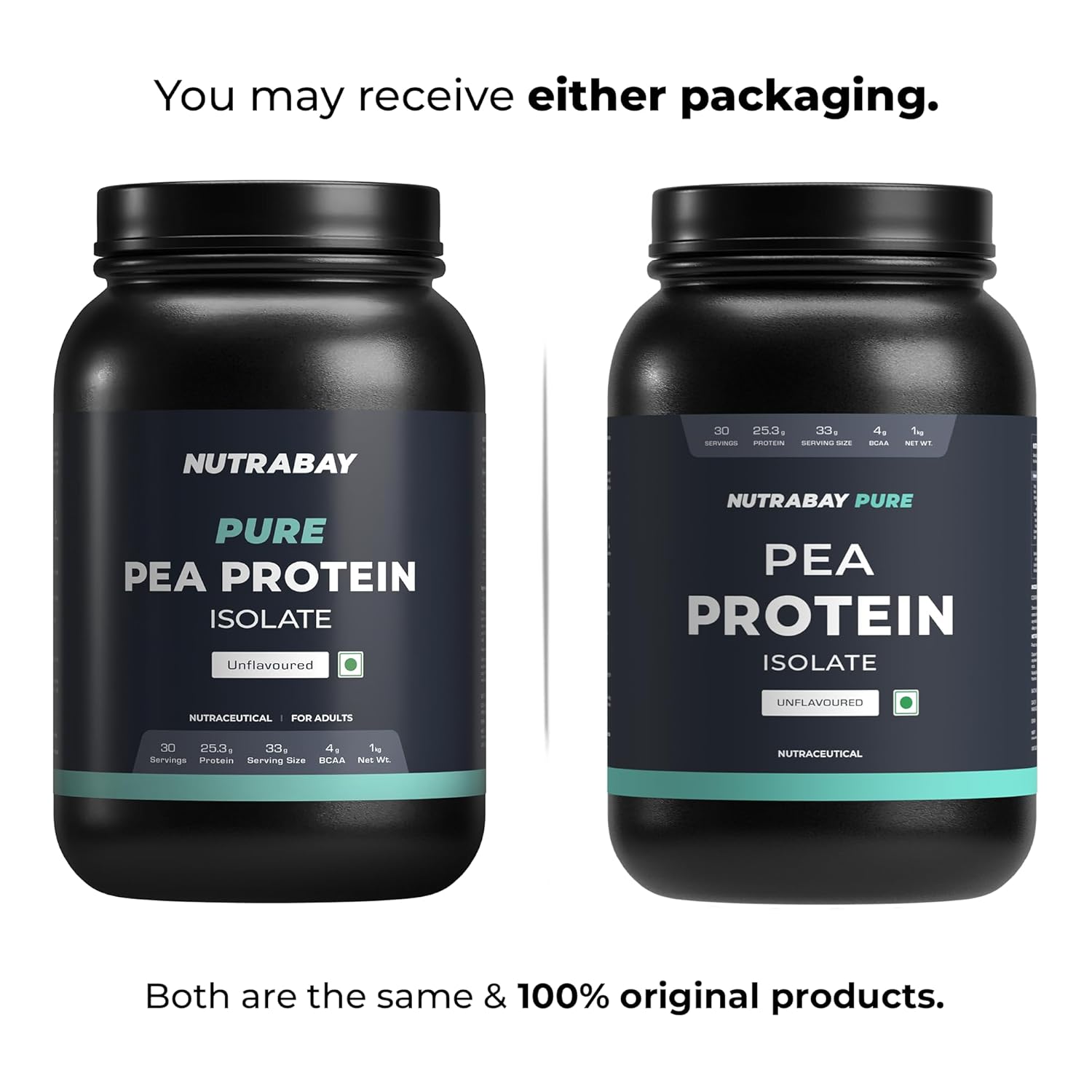 Two black containers of Nutrabay Pure Pea Protein Isolate on a white background.