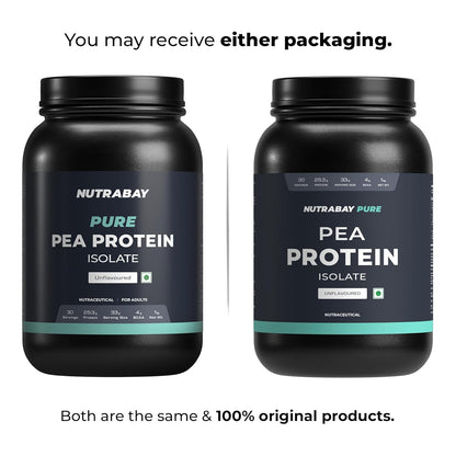 Two black containers of Nutrabay Pure Pea Protein Isolate on a white background.