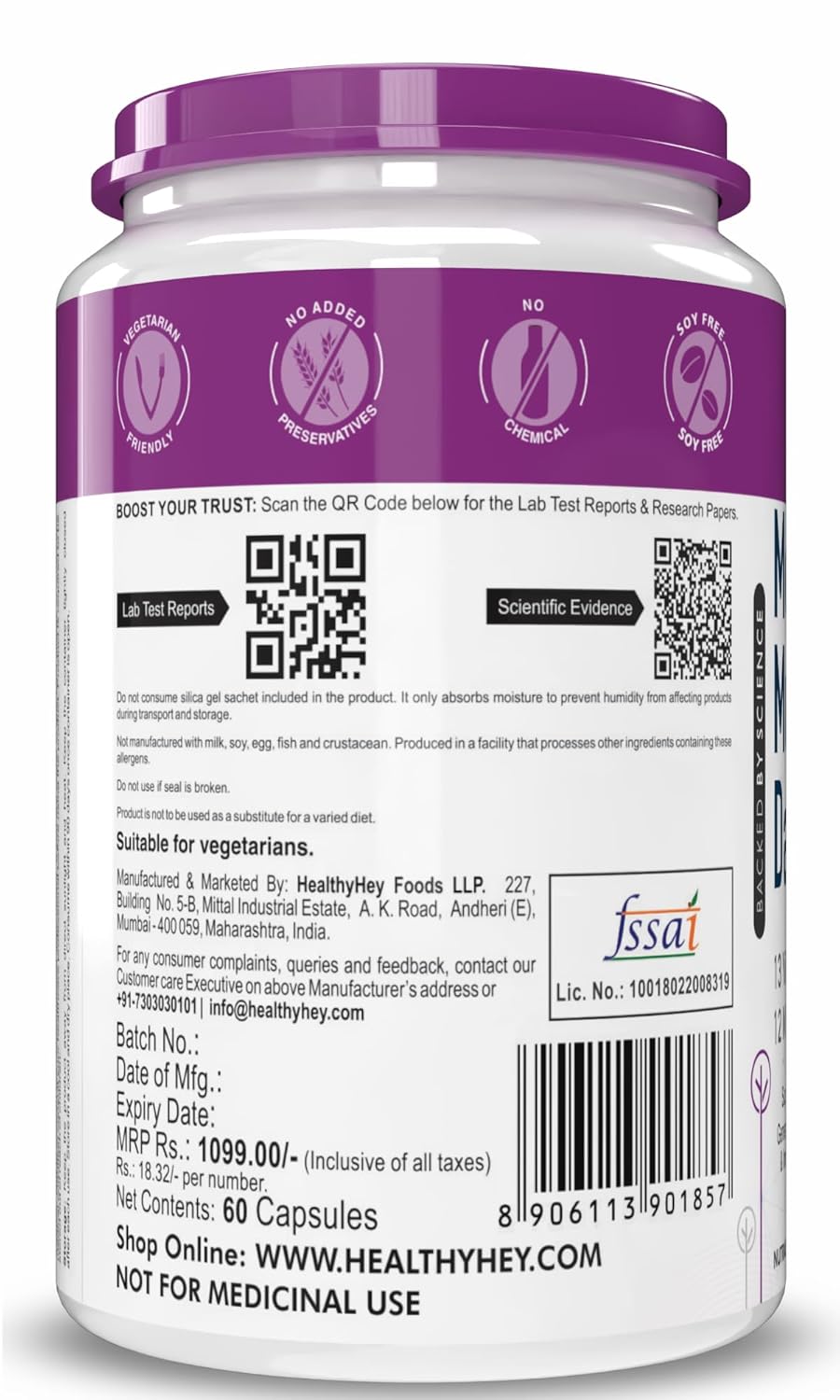 Back view of a supplement container with labels and text on a white background