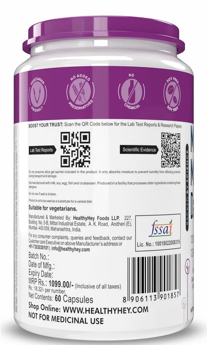 Back view of a supplement container with labels and text on a white background