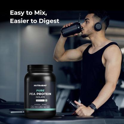 Man drinking from a protein shake with Nutrabay Pure Pea Protein Isolate container in foreground