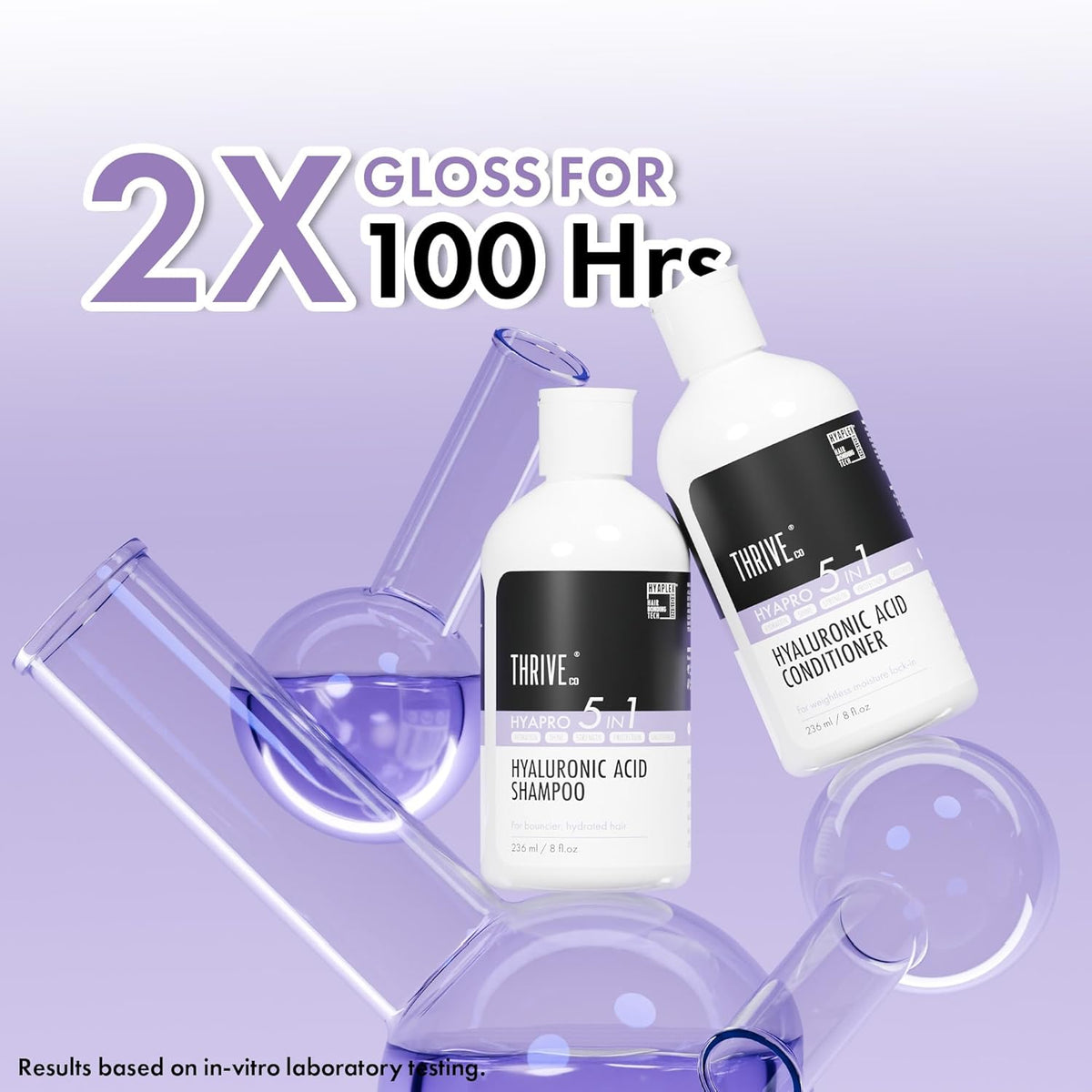 Two bottles of Thrive hair care products with laboratory equipment on a purple background