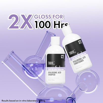Two bottles of Thrive hair care products with laboratory equipment on a purple background