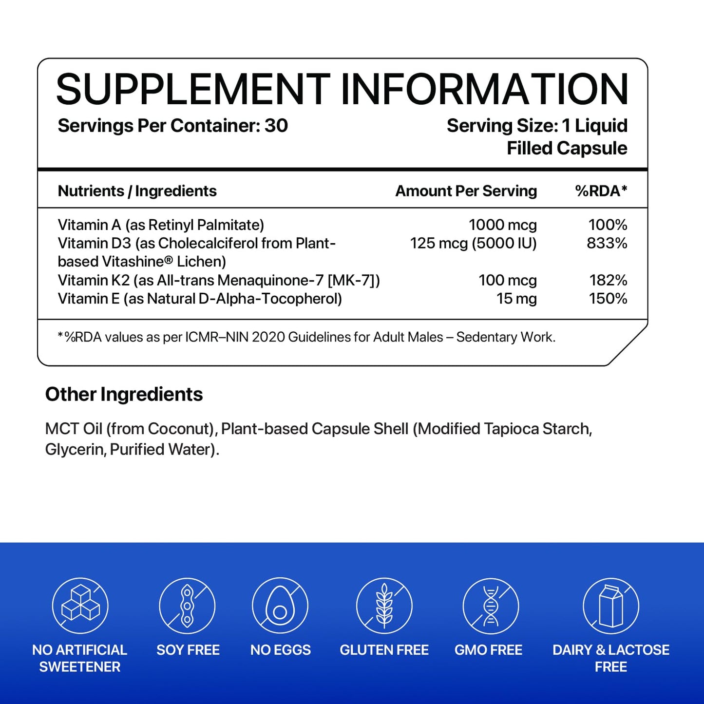 Supplement information label with vitamins and ingredients on a white background