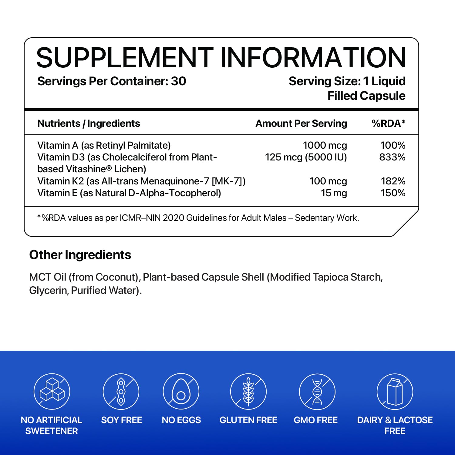 Supplement information label with vitamins and ingredients on a white background