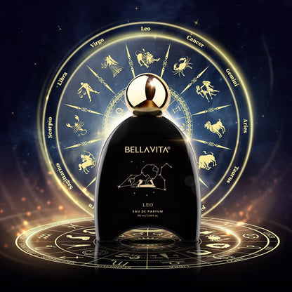 Bottle of Bellavita perfume with zodiac symbols in the background