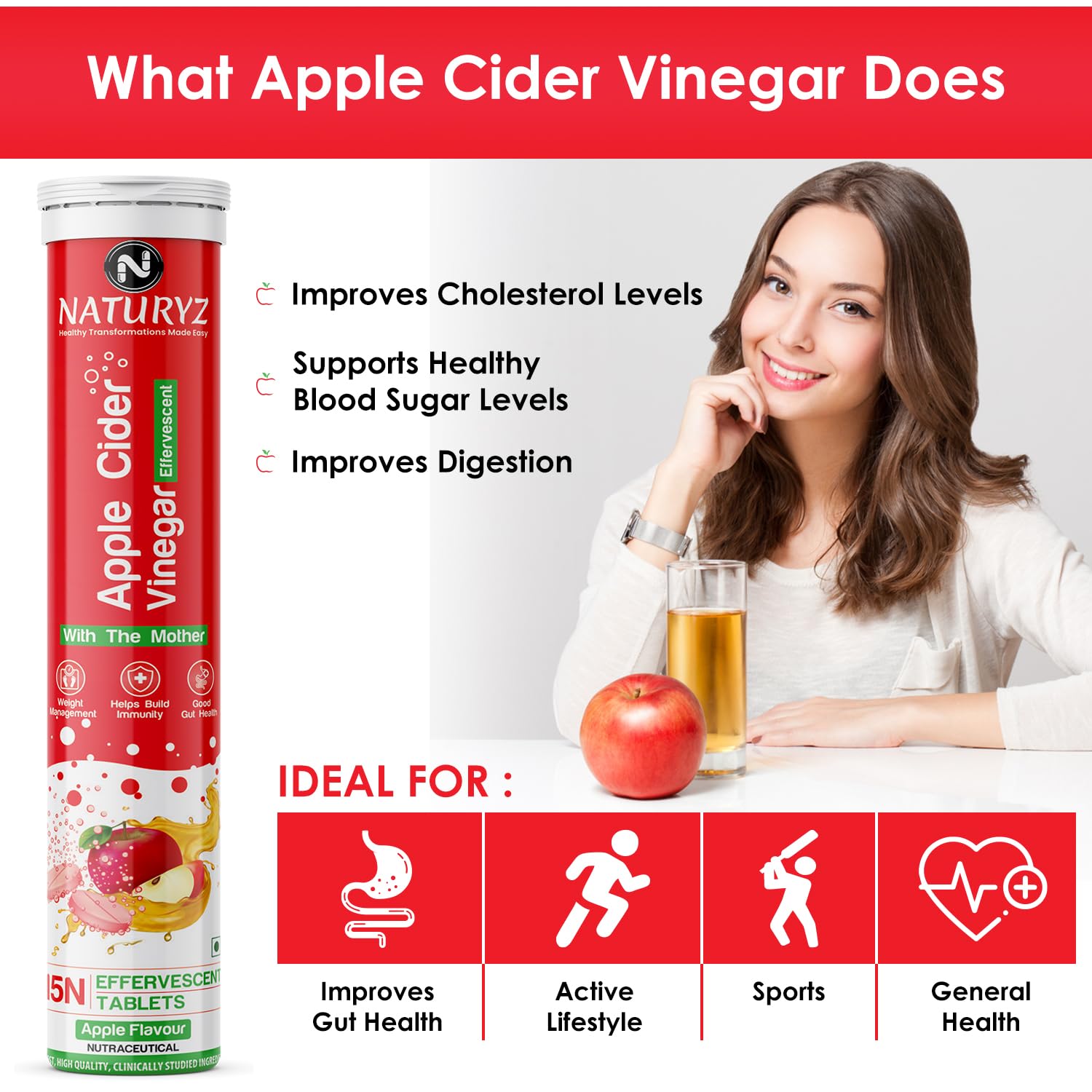 Naturyz Apple Cider Vinegar supplement with a woman holding a glass of apple cider vinegar and an apple, set against a white background.