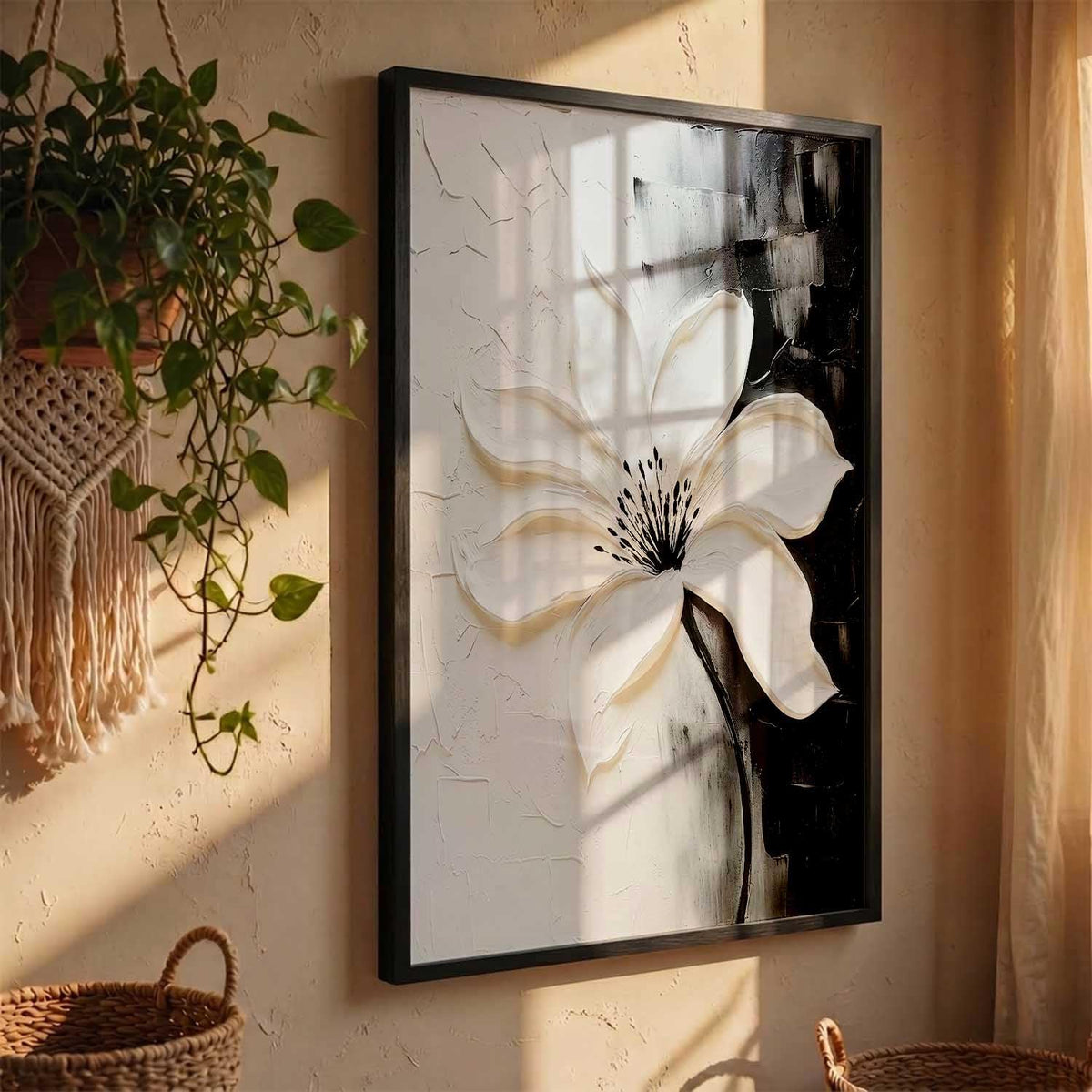 Modern Art Wall Painting Black&White flower Home Decoration With Frame For Living Room Bed Room Hotel Wall Decor Digital Reprint Engineered Wood (13X17 INCH)