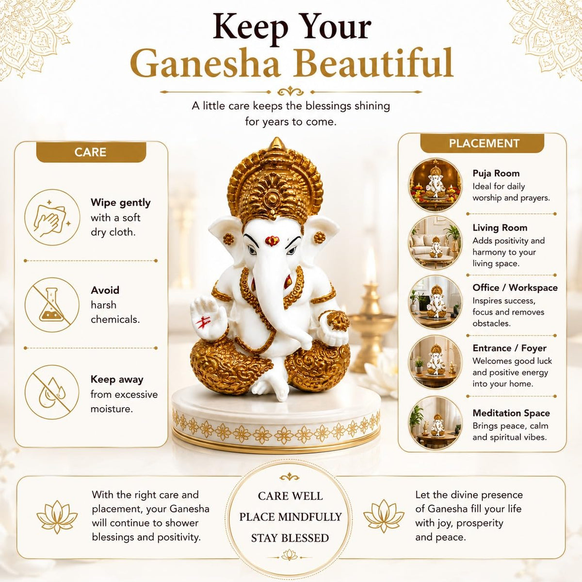 White & Gold Ganesha Idol for Home Decor, Ganpati Bappa Murti for Puja Room, Lord Ganesh Statue for Car Dashboard & Office Desk, Decorative Hindu God Showpiece, 3.3 Inch
