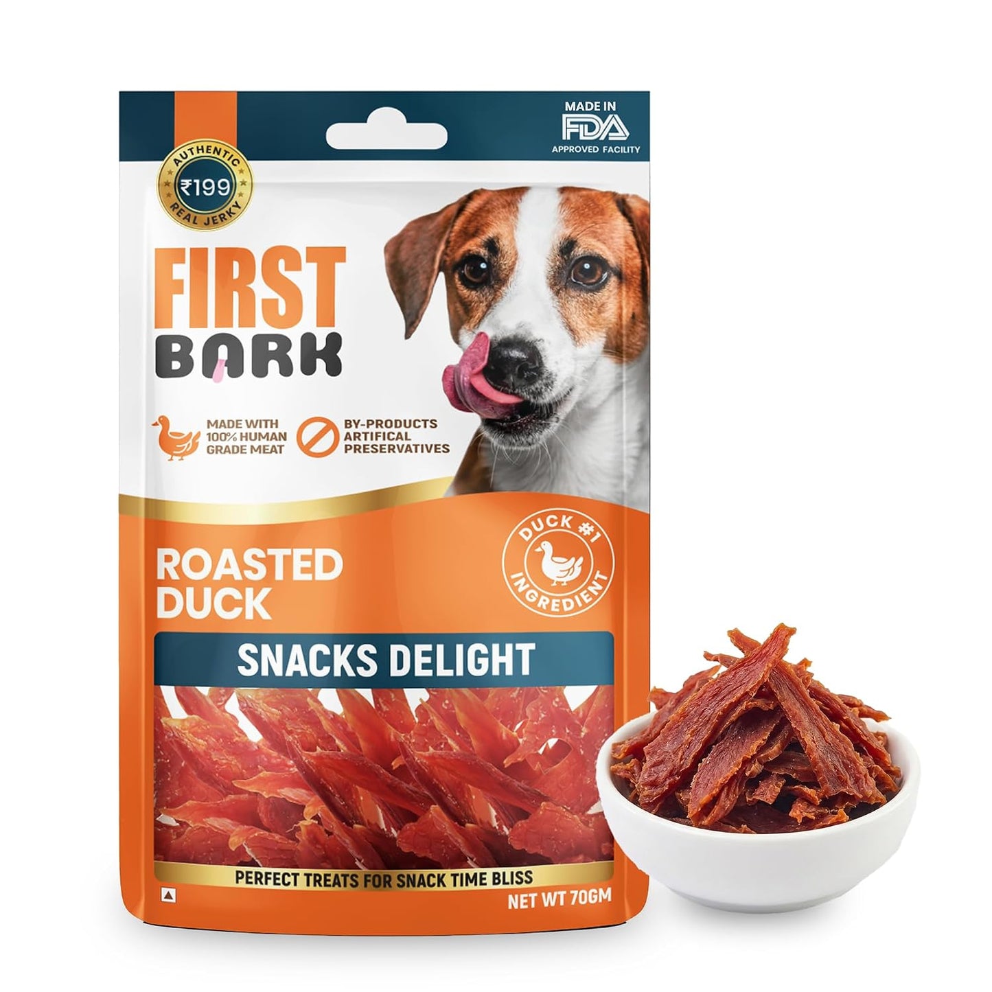 First Bark Dog Treats for Adult Dog & Puppy – Snack Delights Duck Jerky for Dogs, Small Dogs & Shih Tzu | Dog Snacks & Puppy Treats – Roasted Duck (70g) x1