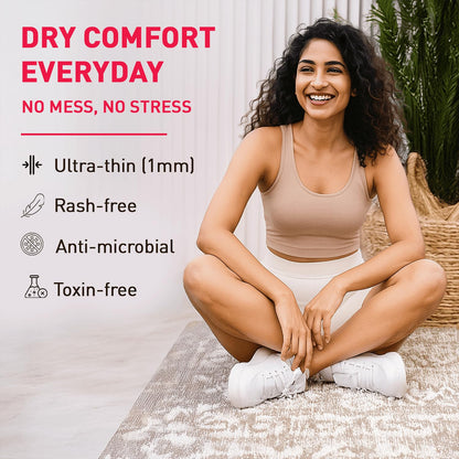 Woman sitting on a rug with text about dry comfort everyday product features.