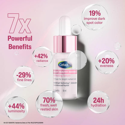 Cetaphil serum bottle with skincare benefits on a pink background