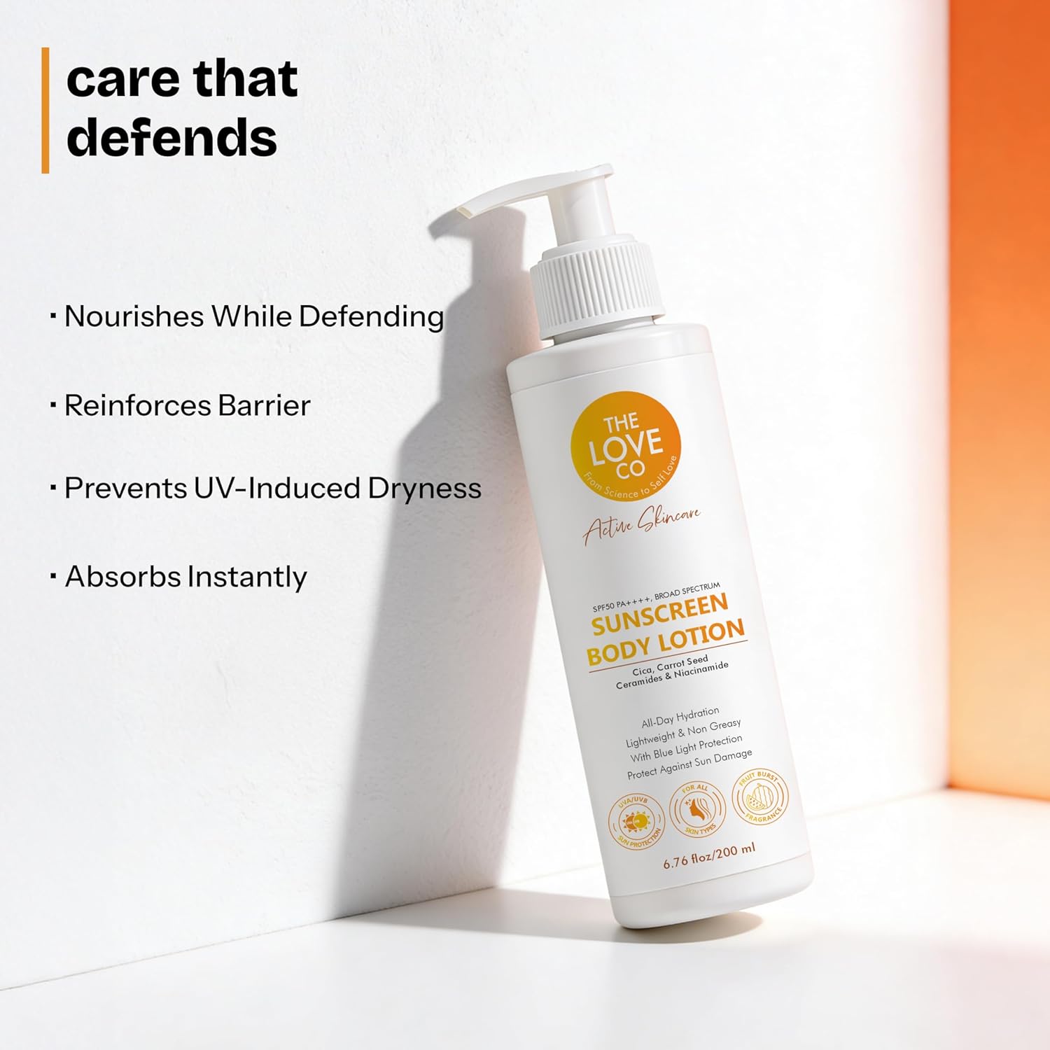 Sunscreen body lotion bottle with text highlighting its benefits on a white background