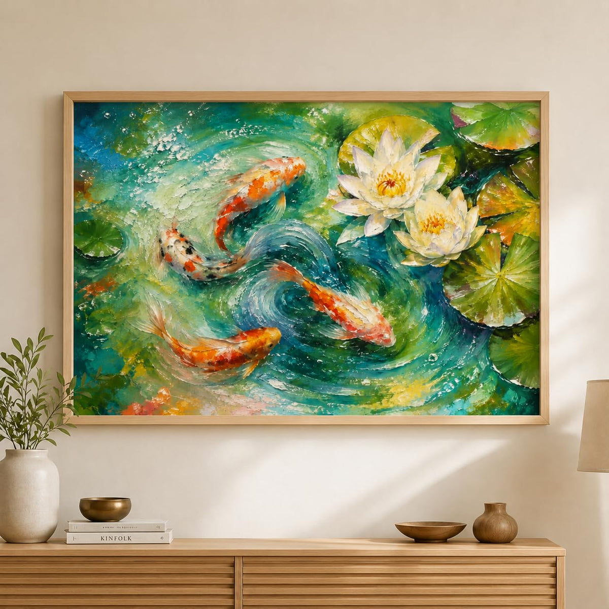Koi Fish Lotus Pond Vastu Wall Painting for Living Room Bedroom Hall Office Decor, Water Lily Nature Artwork, Premium Wooden Synthetic Frame (13.5 x 19.5 Inch) NM01-V-178
