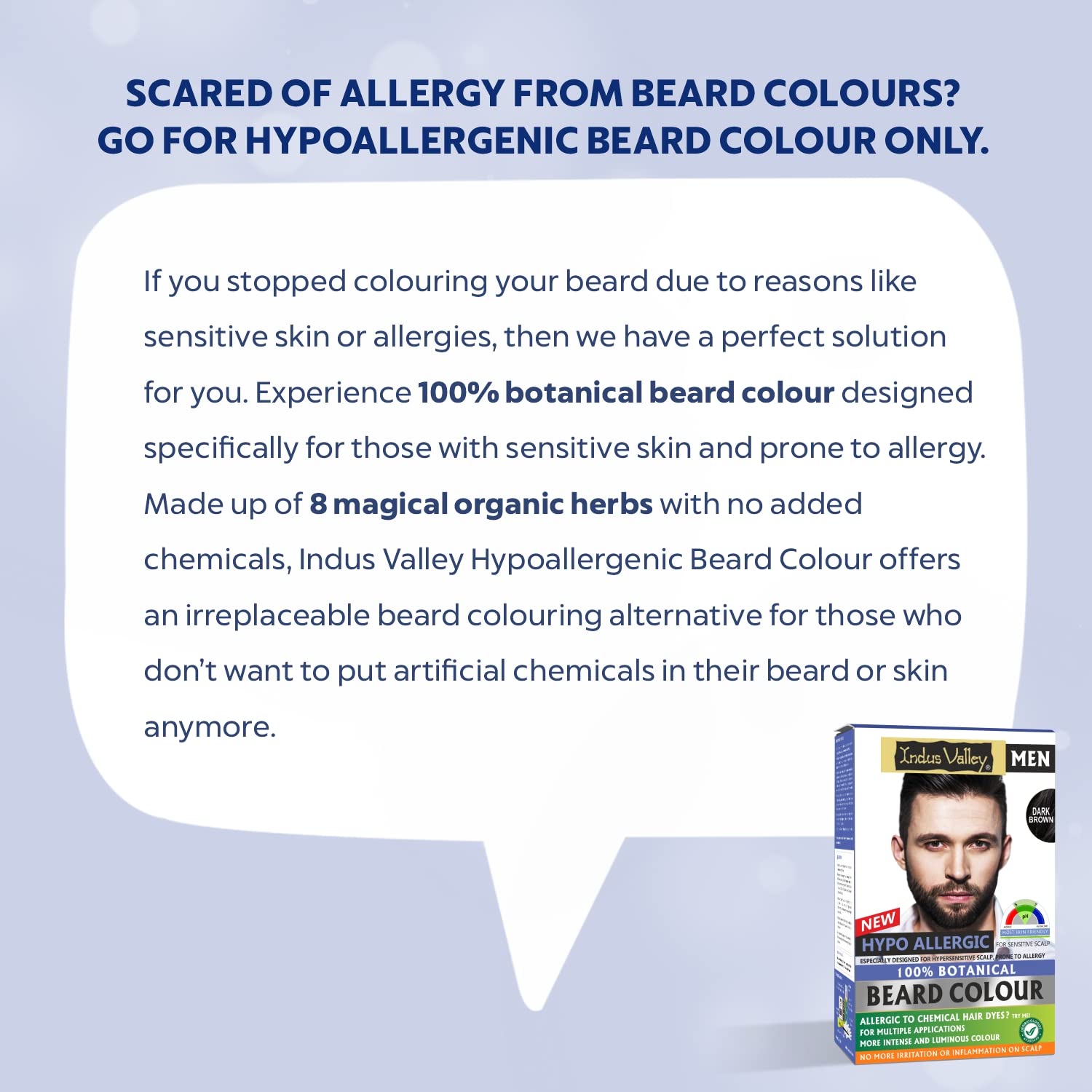 Advertisement for Indus Valley hypoallergenic beard color with text and product packaging on a light blue background.