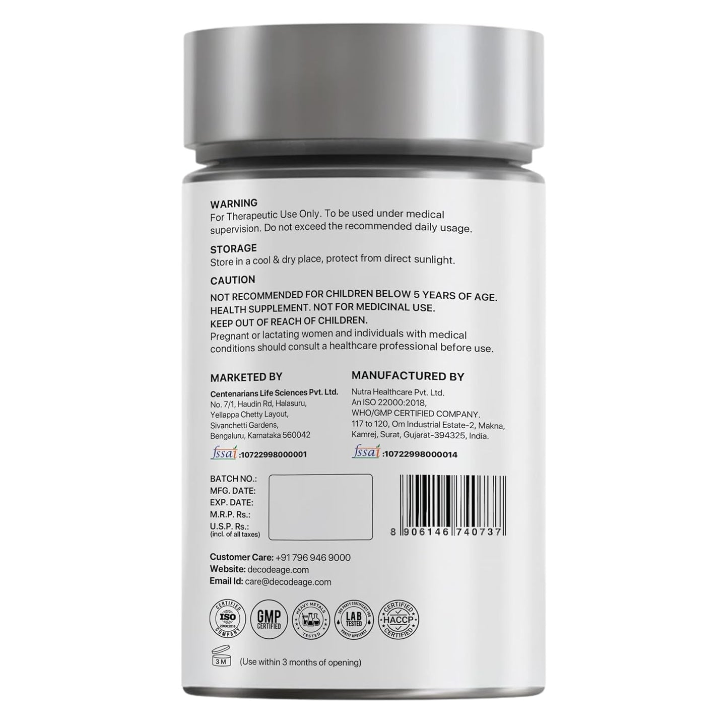 Back label of a supplement container with text and logos on a white background