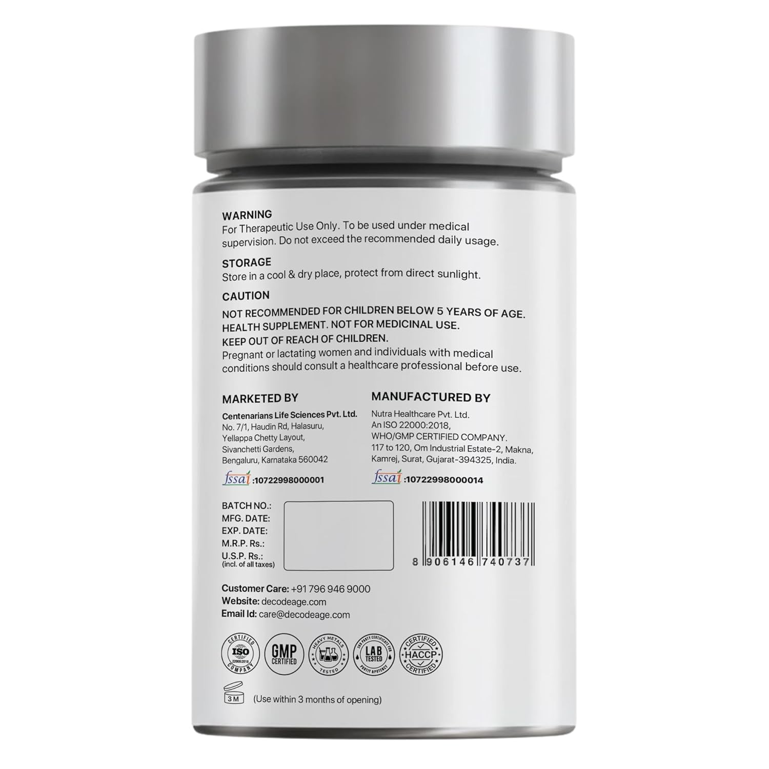 Back label of a supplement container with text and logos on a white background