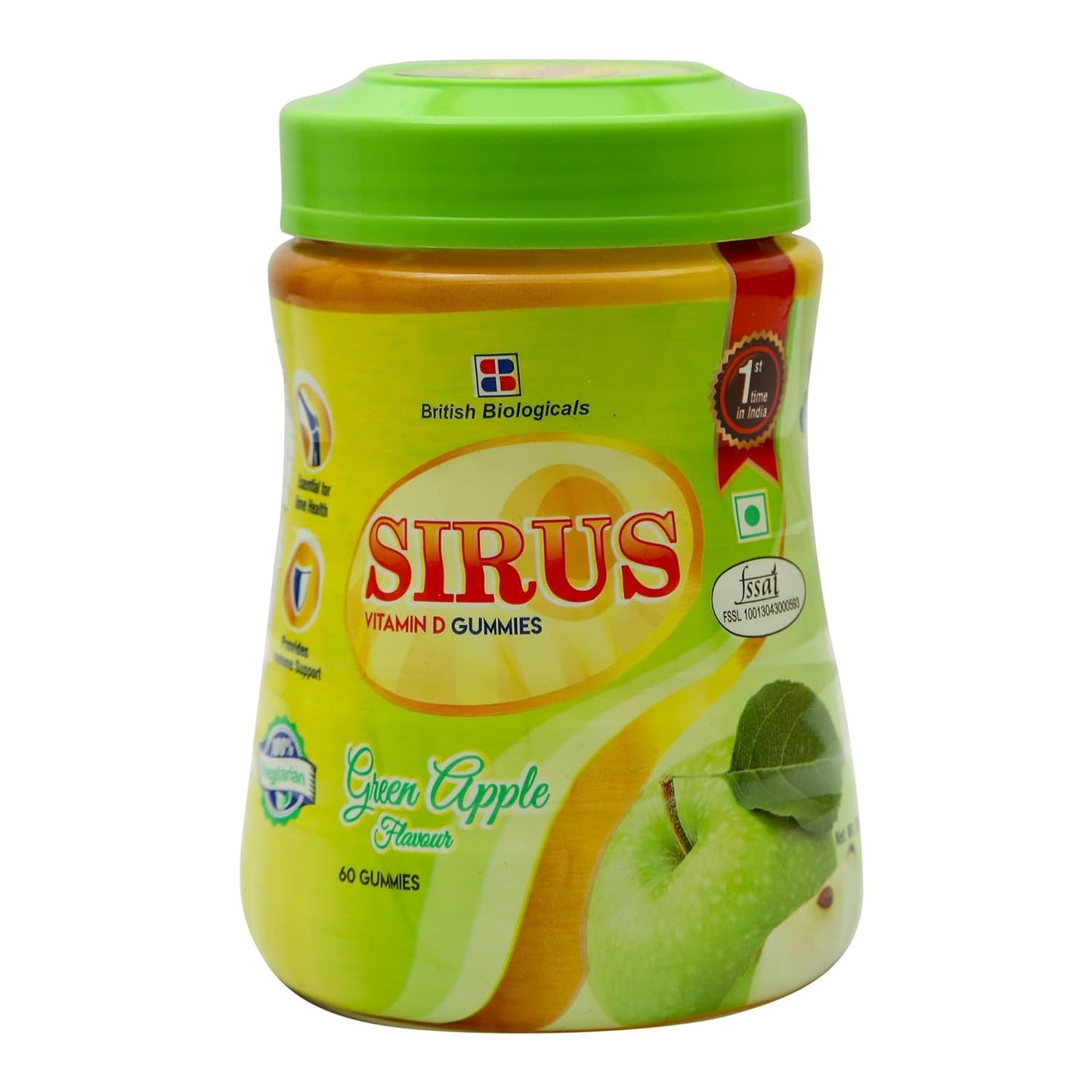 Jar of Sirius Vitamin D Gummies with green apple flavor on a white background
